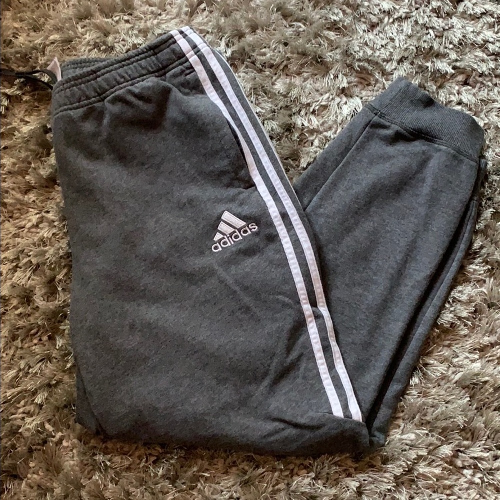 Grey and white adidas skinny sweatpants